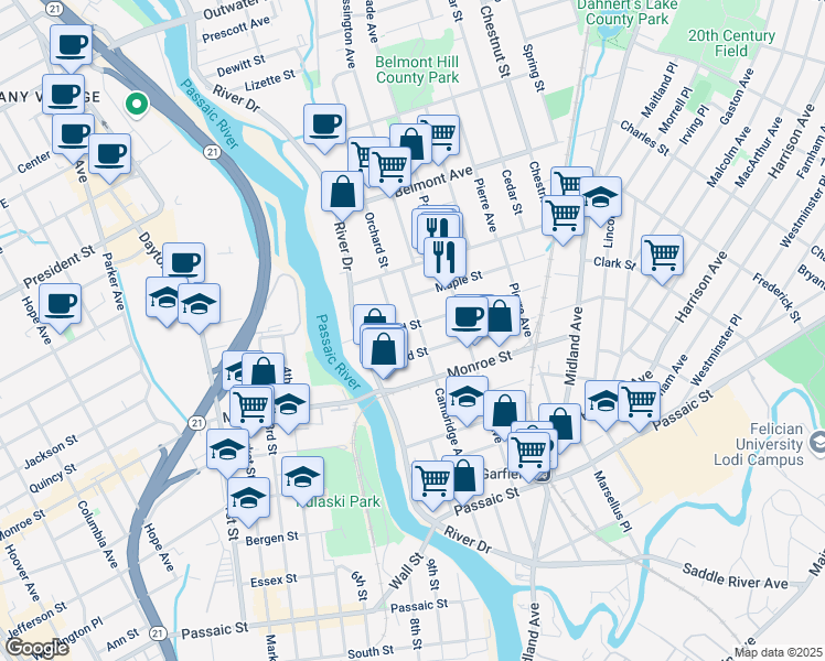 map of restaurants, bars, coffee shops, grocery stores, and more near 165 Cambridge Avenue in Garfield