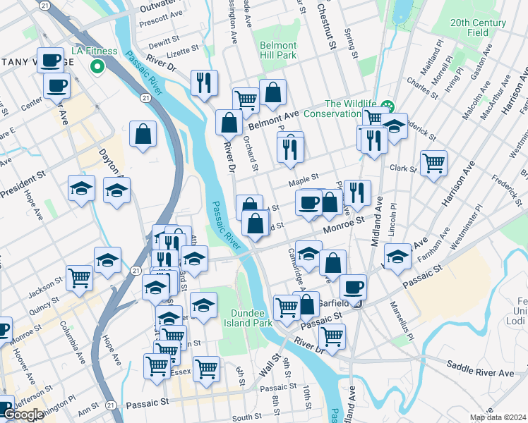 map of restaurants, bars, coffee shops, grocery stores, and more near 12 Willard Street in Garfield