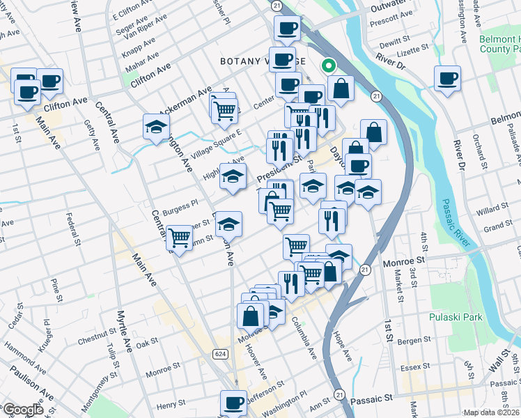 map of restaurants, bars, coffee shops, grocery stores, and more near 209 Hope Avenue in Passaic