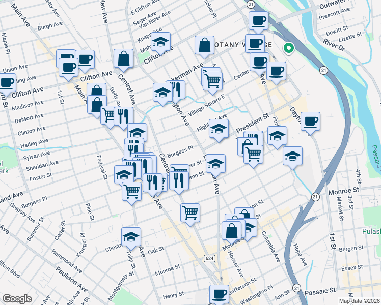 map of restaurants, bars, coffee shops, grocery stores, and more near 32 Summer Street in Passaic