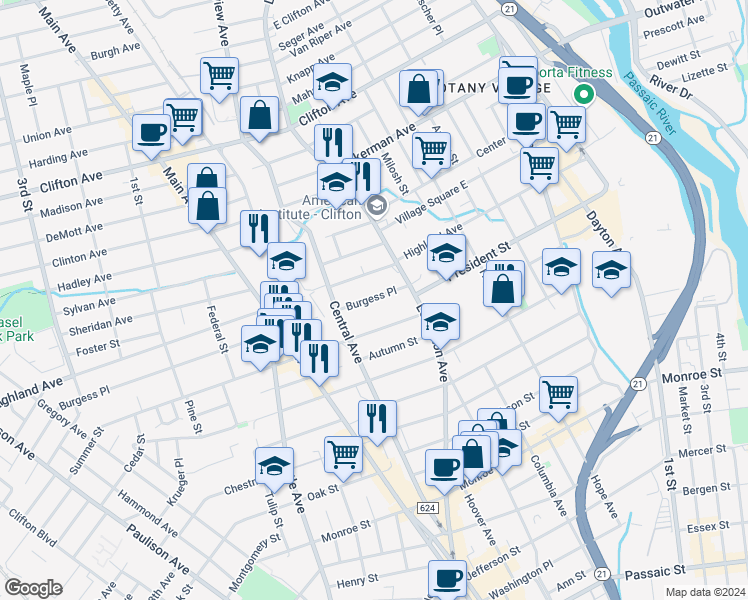 map of restaurants, bars, coffee shops, grocery stores, and more near 28 Summer Street in Passaic