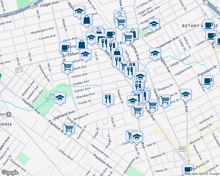 map of restaurants, bars, coffee shops, grocery stores, and more near 74 Sheridan Avenue in Clifton
