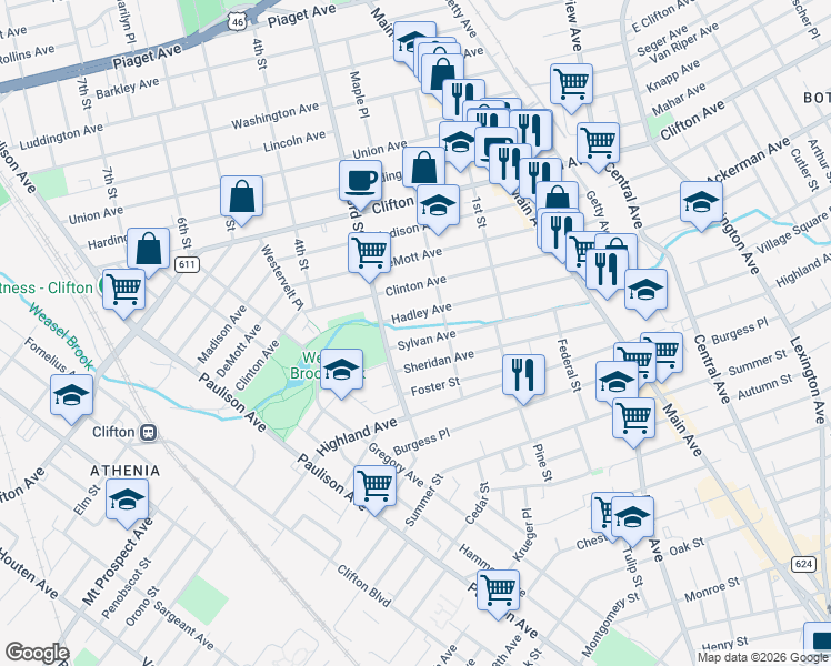 map of restaurants, bars, coffee shops, grocery stores, and more near 158 Sylvan Avenue in Clifton