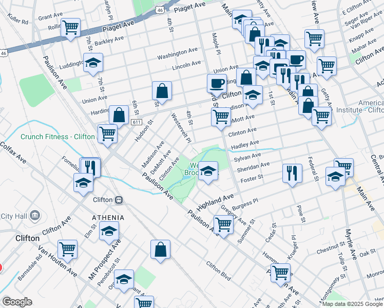 map of restaurants, bars, coffee shops, grocery stores, and more near 233 Clinton Avenue in Clifton