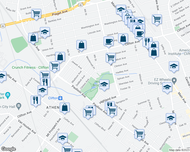 map of restaurants, bars, coffee shops, grocery stores, and more near 233 Clinton Avenue in Clifton
