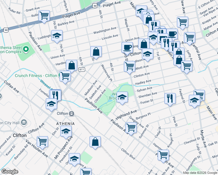 map of restaurants, bars, coffee shops, grocery stores, and more near 233 Clinton Avenue in Clifton