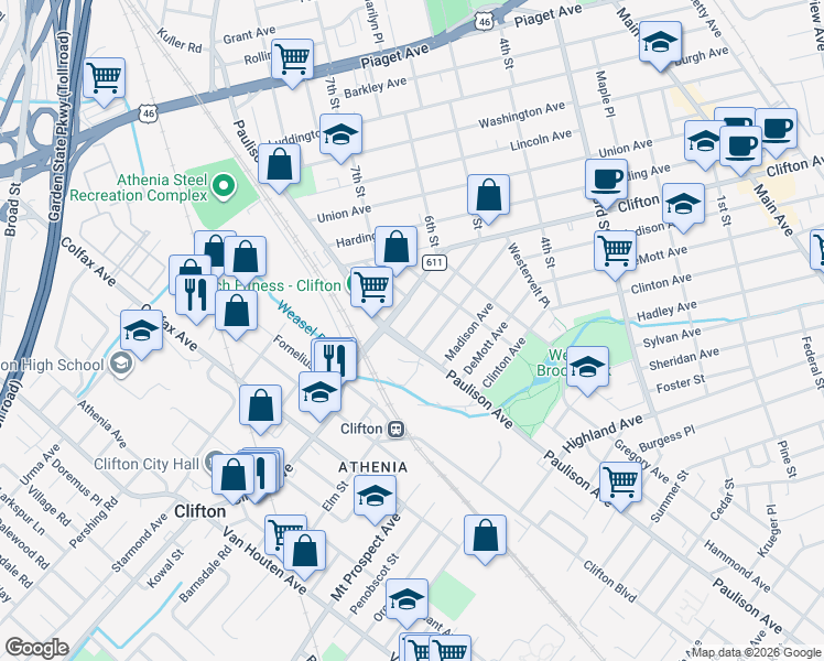 map of restaurants, bars, coffee shops, grocery stores, and more near 852 Paulison Avenue in Clifton