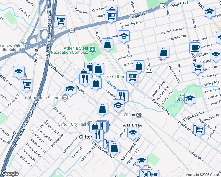 map of restaurants, bars, coffee shops, grocery stores, and more near 112 Fornelius Avenue in Clifton