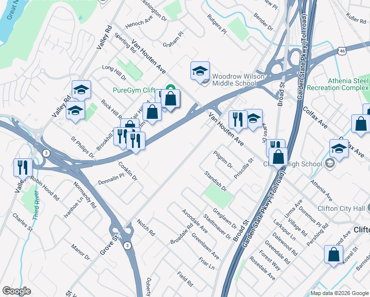 map of restaurants, bars, coffee shops, grocery stores, and more near 338 County Route 623 in Clifton