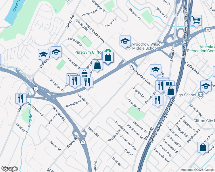 map of restaurants, bars, coffee shops, grocery stores, and more near 1037 U.S. 46 in Clifton