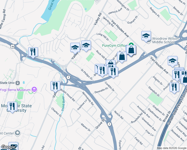 map of restaurants, bars, coffee shops, grocery stores, and more near 71 Brook Hill Terrace in Clifton