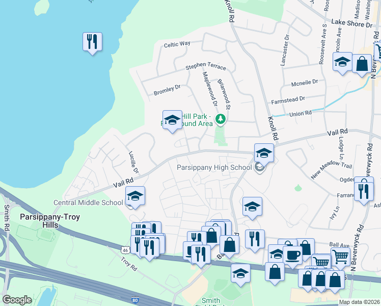 map of restaurants, bars, coffee shops, grocery stores, and more near 365 Vail Road in Parsippany-Troy Hills