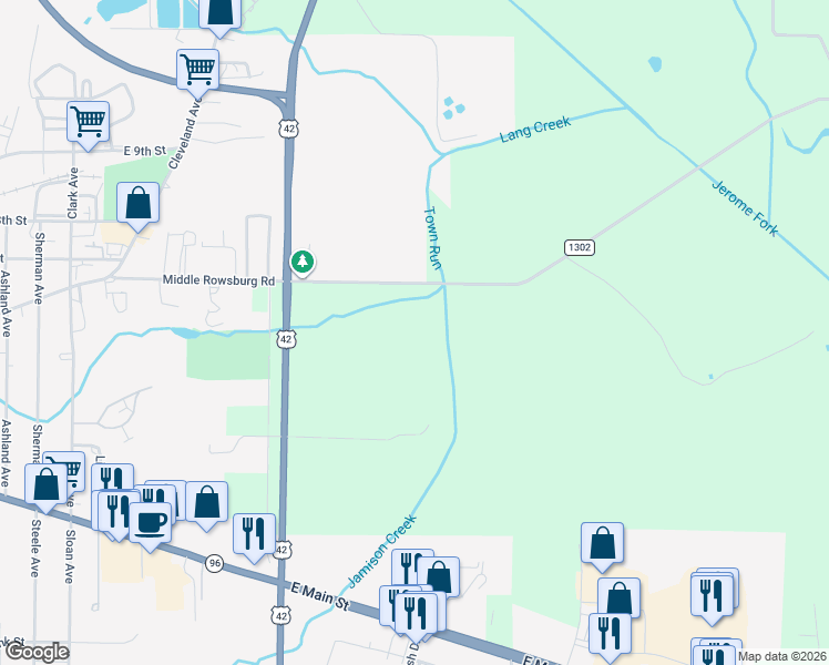 map of restaurants, bars, coffee shops, grocery stores, and more near 826 Ashland Co Road in Ashland