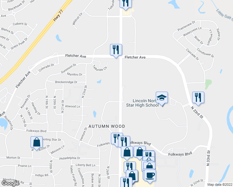 map of restaurants, bars, coffee shops, grocery stores, and more near 5831 Enterprise Drive in Lincoln