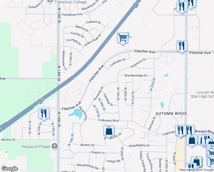 map of restaurants, bars, coffee shops, grocery stores, and more near 1827 Kennedy Drive in Lincoln