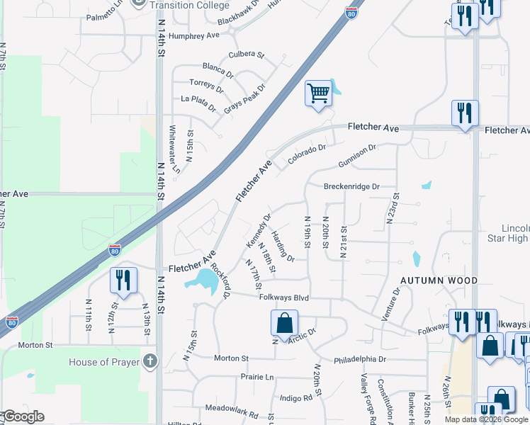 map of restaurants, bars, coffee shops, grocery stores, and more near 1827 Kennedy Drive in Lincoln