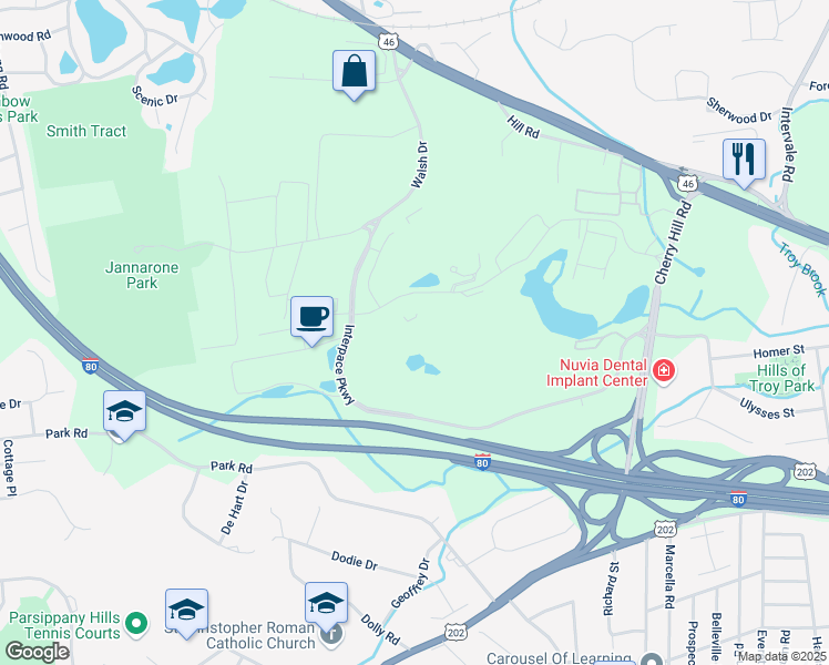 map of restaurants, bars, coffee shops, grocery stores, and more near 1 Upper Pond Road in Parsippany-Troy Hills