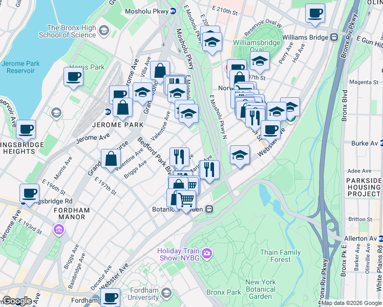map of restaurants, bars, coffee shops, grocery stores, and more near in The Bronx