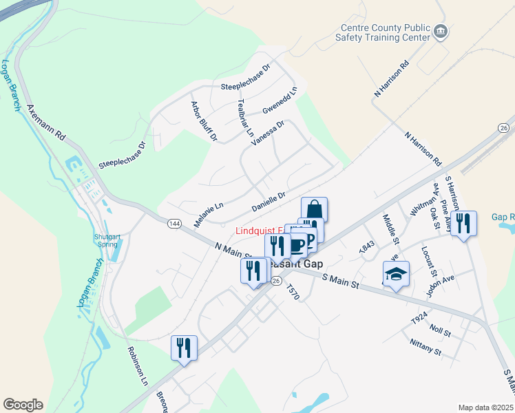 map of restaurants, bars, coffee shops, grocery stores, and more near 114 Danielle Drive in Bellefonte