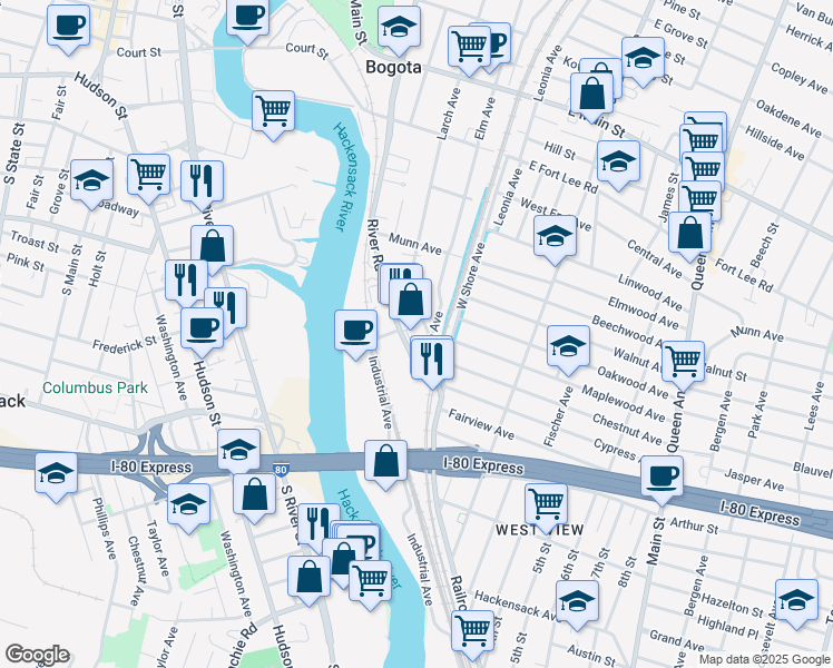 map of restaurants, bars, coffee shops, grocery stores, and more near 33 River Road in Bogota