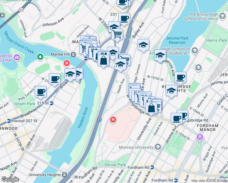 map of restaurants, bars, coffee shops, grocery stores, and more near in The Bronx