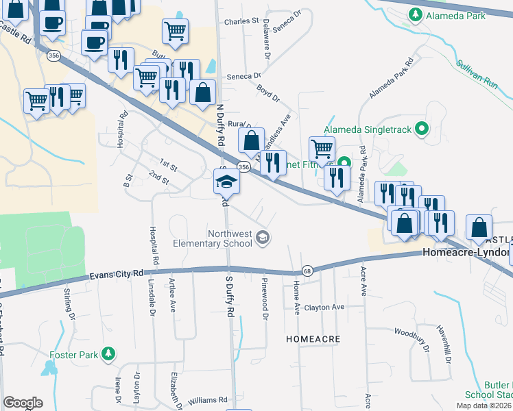 map of restaurants, bars, coffee shops, grocery stores, and more near 115 Staley Avenue in Butler