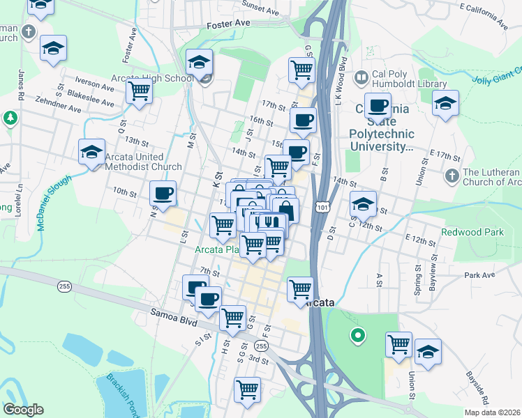 map of restaurants, bars, coffee shops, grocery stores, and more near 1103 H Street in Arcata