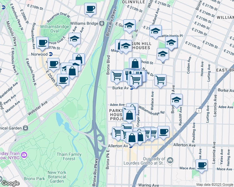map of restaurants, bars, coffee shops, grocery stores, and more near 656 Lester Street in Bronx