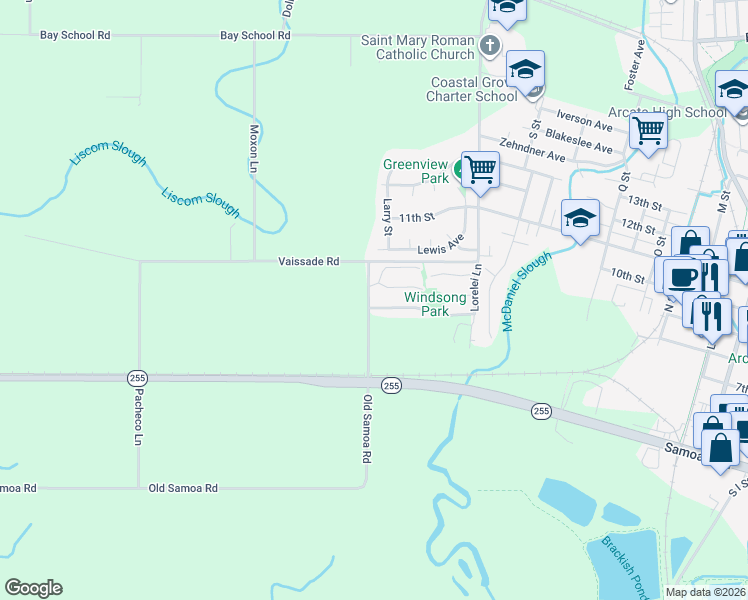 map of restaurants, bars, coffee shops, grocery stores, and more near 2379 Ariel Way in Arcata