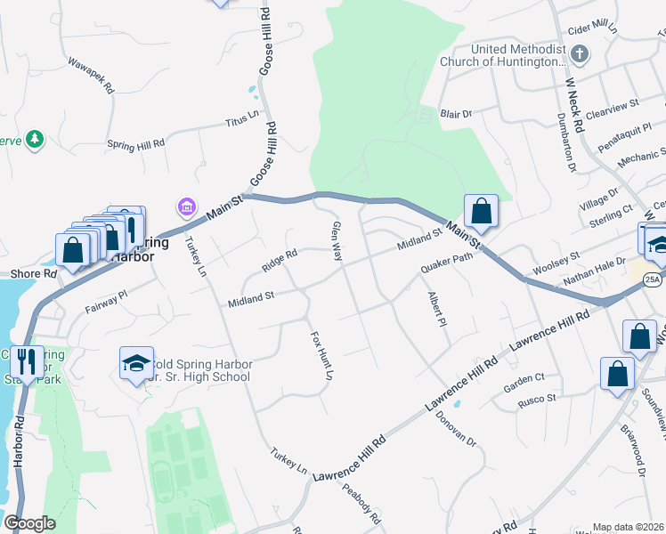 map of restaurants, bars, coffee shops, grocery stores, and more near 87 Midland Street in Cold Spring Harbor