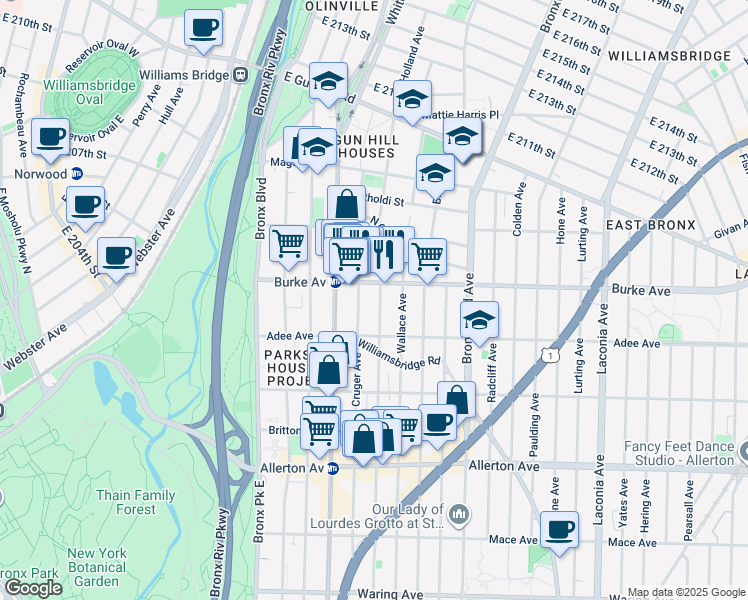 map of restaurants, bars, coffee shops, grocery stores, and more near 3032 Cruger Avenue in Bronx