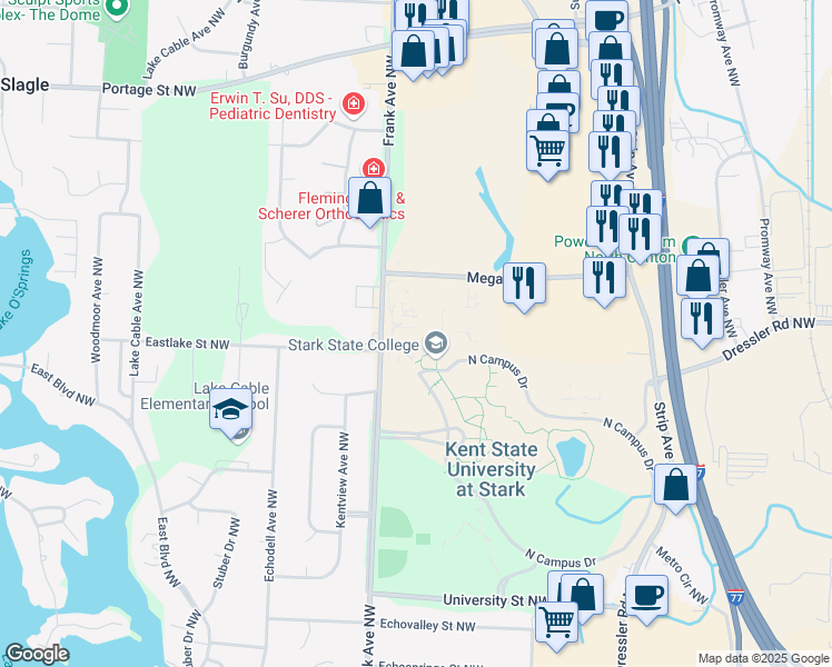 map of restaurants, bars, coffee shops, grocery stores, and more near 6200 Frank Avenue Northwest in North Canton