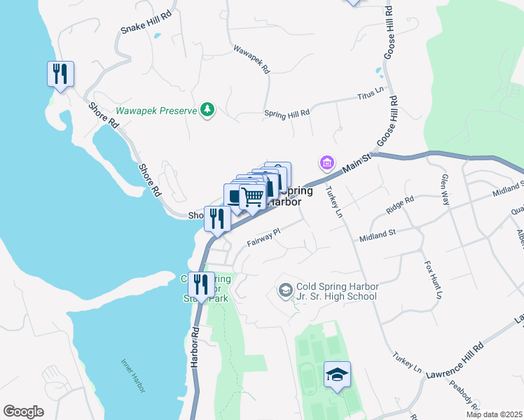 map of restaurants, bars, coffee shops, grocery stores, and more near 100 Main Street in Huntington