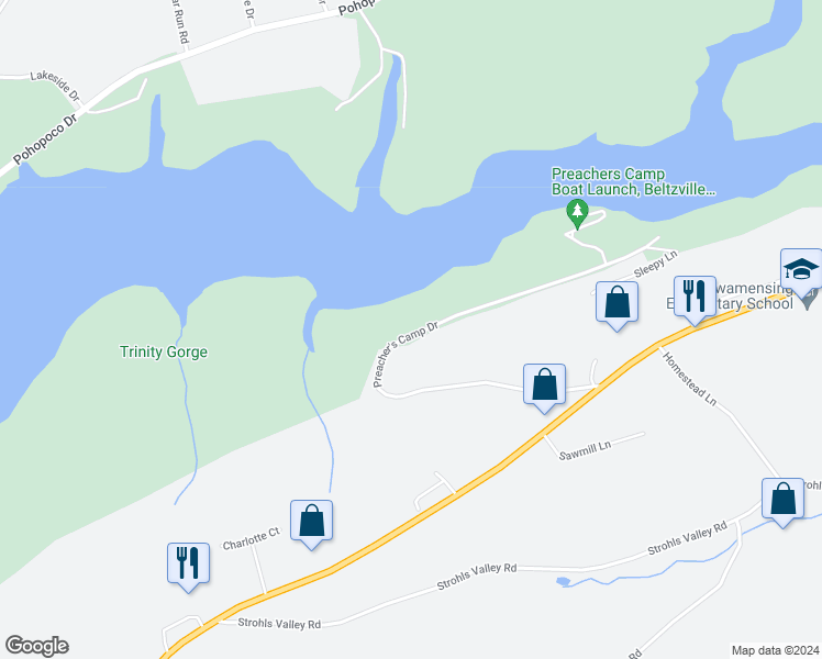 map of restaurants, bars, coffee shops, grocery stores, and more near 585 Preacher's Camp Drive in Lehighton