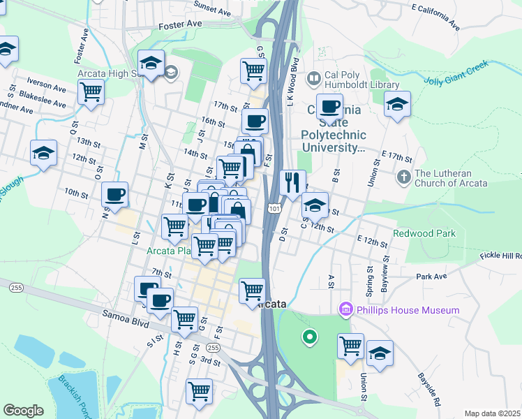 map of restaurants, bars, coffee shops, grocery stores, and more near Redwood Hwy in Arcata