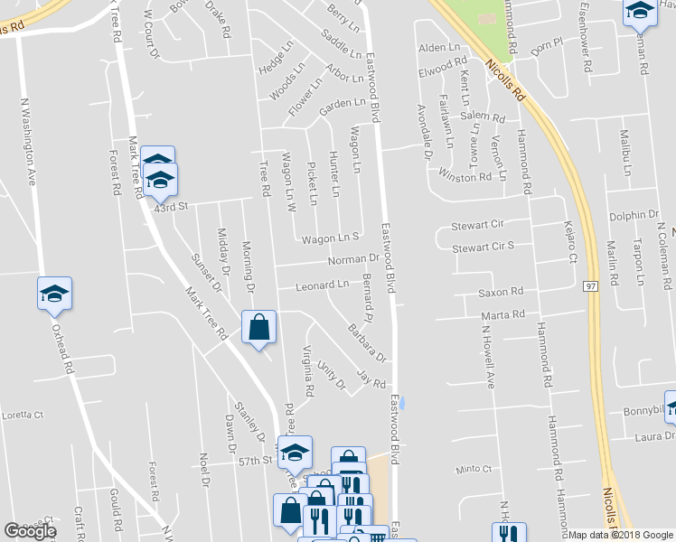 map of restaurants, bars, coffee shops, grocery stores, and more near 8-12 Leonard Lane in Centereach