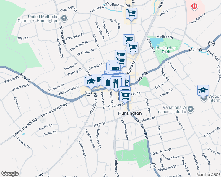 map of restaurants, bars, coffee shops, grocery stores, and more near 304 Main Street in Huntington