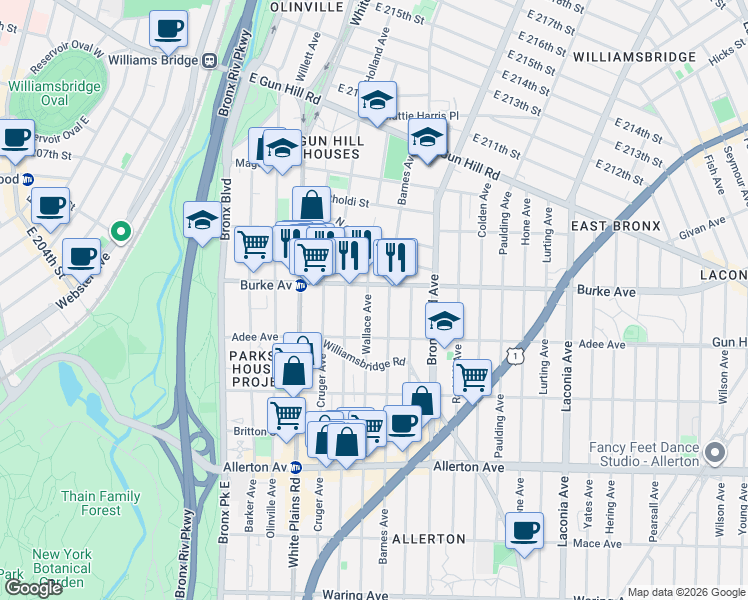 map of restaurants, bars, coffee shops, grocery stores, and more near 3027 Wallace Avenue in Bronx