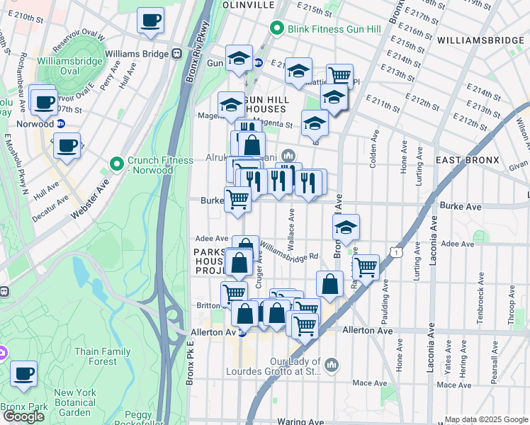 map of restaurants, bars, coffee shops, grocery stores, and more near 3032 Cruger Avenue in Bronx