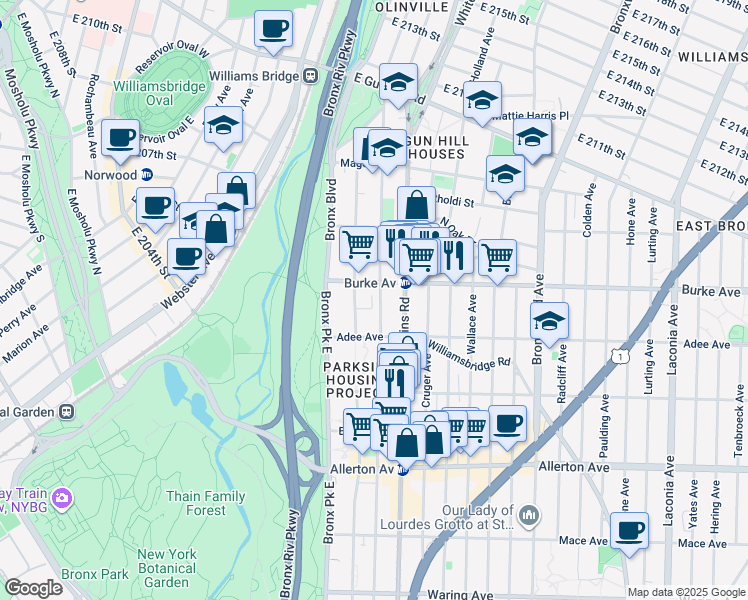 map of restaurants, bars, coffee shops, grocery stores, and more near 656 Lester Street in Bronx