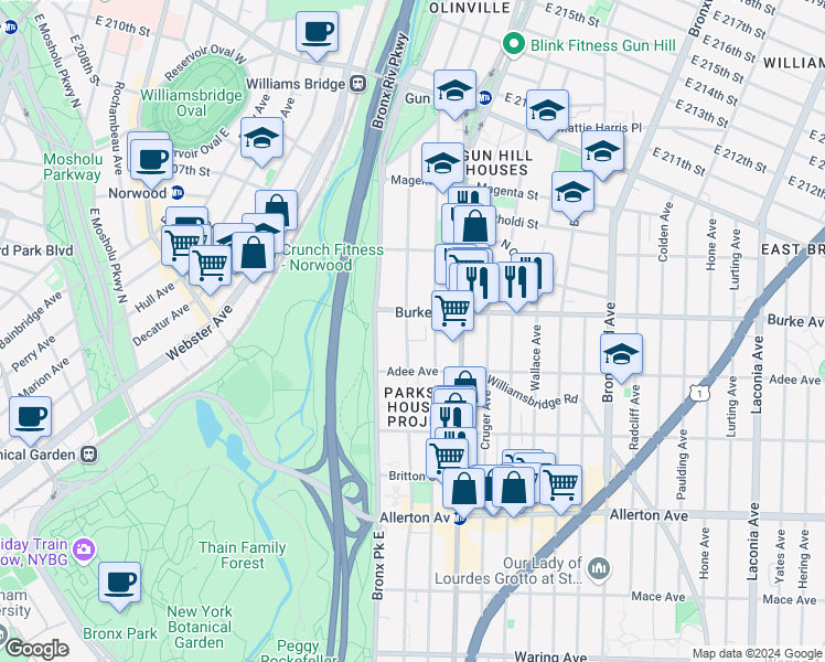 map of restaurants, bars, coffee shops, grocery stores, and more near 656 Lester Street in Bronx