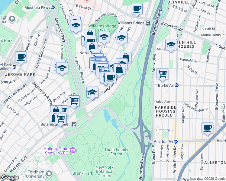 map of restaurants, bars, coffee shops, grocery stores, and more near in Bronx