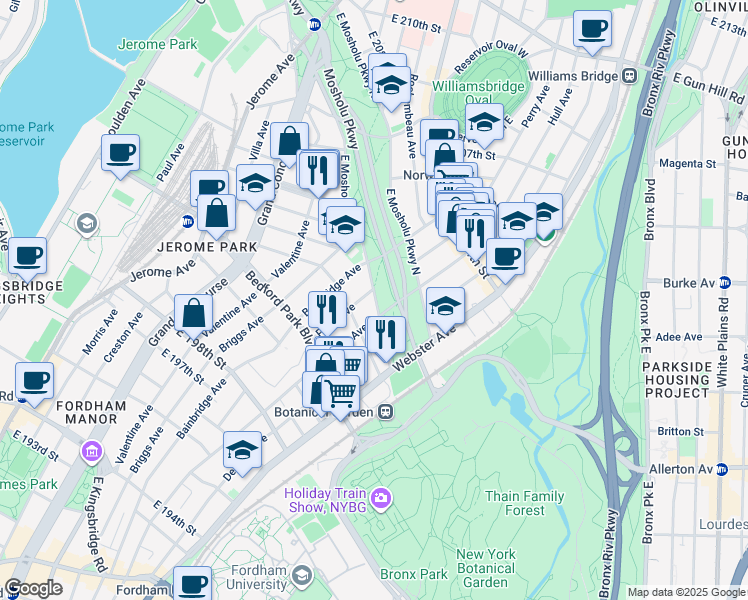 map of restaurants, bars, coffee shops, grocery stores, and more near in The Bronx