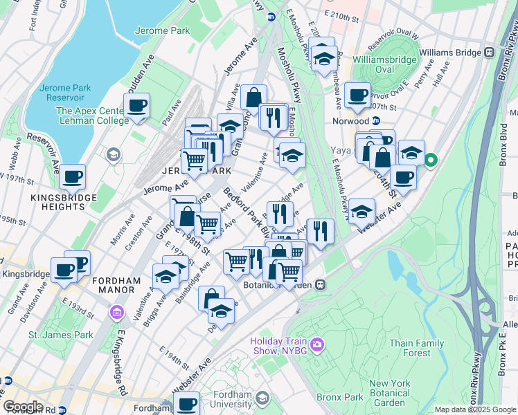 map of restaurants, bars, coffee shops, grocery stores, and more near in The Bronx