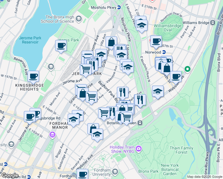 map of restaurants, bars, coffee shops, grocery stores, and more near in The Bronx
