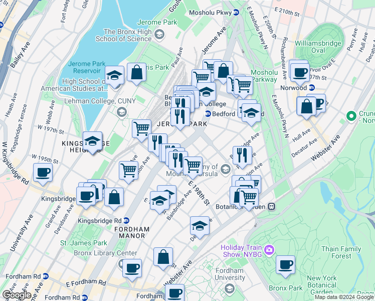 map of restaurants, bars, coffee shops, grocery stores, and more near in The Bronx