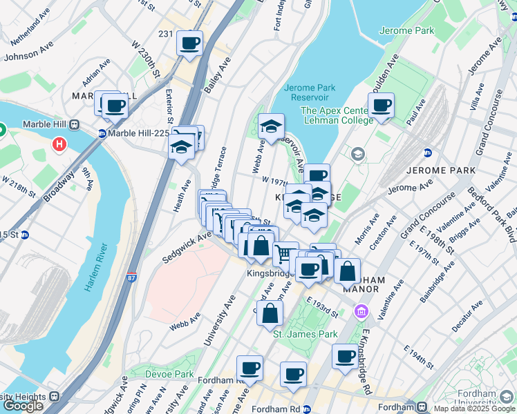 map of restaurants, bars, coffee shops, grocery stores, and more near 2760 Claflin Avenue in Bronx