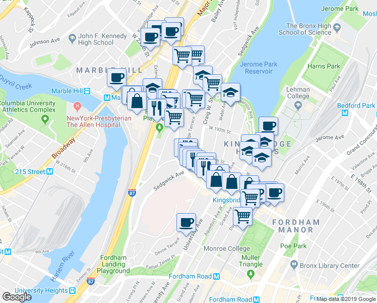 map of restaurants, bars, coffee shops, grocery stores, and more near 2719 Sedgwick Avenue in Bronx