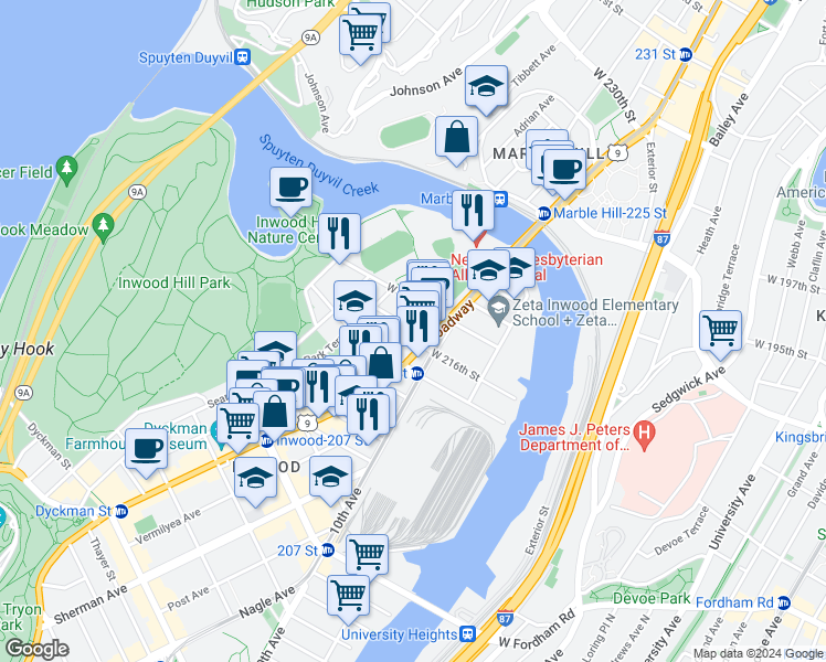 map of restaurants, bars, coffee shops, grocery stores, and more near 5065 Broadway in New York