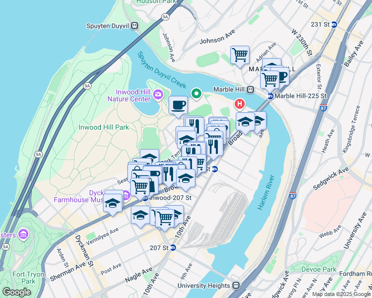 map of restaurants, bars, coffee shops, grocery stores, and more near 55 Park Terrace East in New York